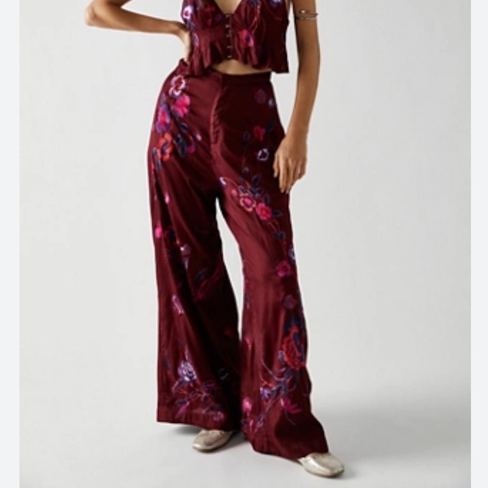 Free People Trousers Mimi Embroidered Floral Wide Leg US 6 NEW - Picture 2 of 16